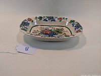 Oblong vegetable bowl showing side profile and floral pattern with ribbed edges