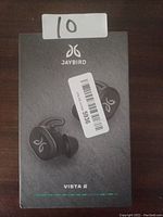 Front view of the Jaybird Vista 2 earbud box showing earbuds image and logo