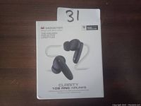 Front view of the sealed box of Monster Clarity 108 ANC true wireless in-ear headphones showing image of the earbuds and branding.