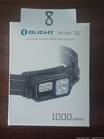 Photo of Olight Array 2S triple-task headlamp packaging showing front view, including branding, model name, and product features.