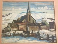 Close up front view of the framed print showing the snow-covered church with steeple and rural village scene in winter.