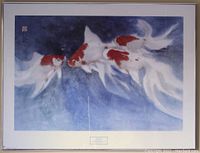 Front view of printed artwork showing goldfish in blue background, framed in brushed silver with glass.