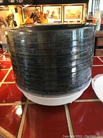 Side view of the Deni food dehydrator fully assembled with 10 stacked black trays on white base.