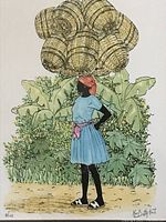 Close-up of one print showing a woman in a blue dress with a basket load on her head in front of foliage