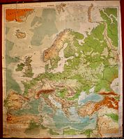 Full view of large antique Europe map mounted on canvas showing continent with topographic color shading, text labels of countries, and signs of edge wear.