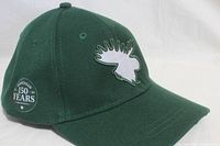 Side view of the green Moosehead beer ball cap showing the moose logo on front and '150 Years' embroidery on side.