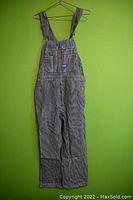Full front view of black and white striped Big Smith railroad overalls hung on hanger against green wall.