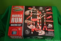 Box of the Marble Genius Marble Run Racing Set showing product image and details of 200 pieces and 11 action elements.