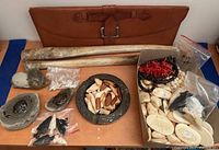 Full view of pouch, bone fossils, metal dish, shell bowl, box of beads