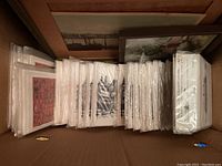 Box filled with numerous black and white and color art prints and posters in protective plastic sleeves.