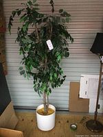 Full view of artificial tree showing height, leaves, stems, and white pot