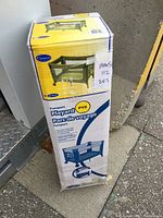 Original packaging box showing full image and name of Cosco Funsport Playard in blue and yellow with product details and some tape repairs.