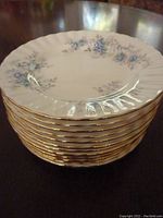 Stack of 10 Royal Albert Blue Blossom dessert/bread and butter plates with visible blue floral pattern and gold rim.