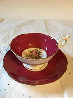 Side angle photo showing the floral tea cup with rich burgundy color and gold trim on both cup and handle, placed on matching saucer.