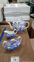 Full view of teapot, creamer and sugar bowl on table with background boxes