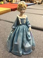 Full view of Royal Worcester porcelain figurine showing young girl with hands holding dress sides, in a blue bonnet and long blue dress.
