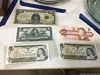 Five Canadian currency notes displayed on a surface. Includes two $1 bills from 1927 and 1937 with a King George VI portrait, two more $1 bills with Queen Elizabeth II, and a $2 bill.