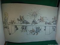 Photo of the vintage cartoon sketch showing wolves and a secretary at a desk, with multiple wolves in various poses, drawn in monochrome ink on a large paper sheet.