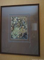 Framed still life painting of white daisies with matting and simple dark frame, showing entire piece.