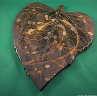 Top view of the pottery platter showing dark brown glaze with yellow and orange abstract patterns, shaped like a leaf with detailed veins.