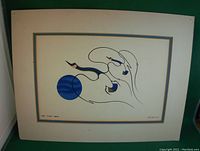 Print titled "First Flight South" by Isaac Bignell with stylized blue and black birds and a blue circle on cream paper showing yellowing and minor stains.