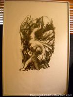 Framed black and white lithograph print depicting abstract figures, signed 'Dentex 70'.