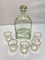 Full view of the decanter and five small glasses arranged in semi-circle