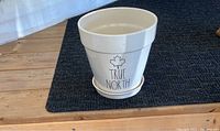 White ceramic planter with saucer and True North logo on black rug and wooden floor