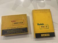 Front view of two vintage Kodak film packs, Kodak Sheet Film and Kodak TRI-X