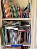 Shelves showing multiple children's books including a large Dictionary for Children on the left and various books of different sizes and colors.