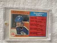 Front side of Wayne Gretzky hockey card with player photo and team leader stats