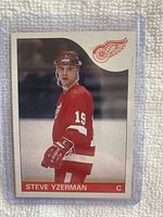 Front side of the 1985-86 Topps #29 Steve Yzerman hockey card showing player image and team logo.