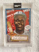 Front of the card showing stylized artwork of Jackie Robinson in Dodgers uniform with bold design elements and text.