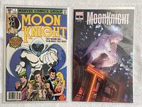 Front cover of Moon Knight Vol. 1 #1 (1980) and Moon Knight #1 (2021) comics side-by-side, displayed on a white fabric surface.