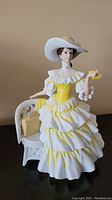 Front view of the porcelain figurine in Victorian-style dress next to the white wicker chair and purse.