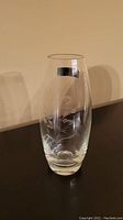 Tall clear glass vase with etched floral design on a dark surface against a beige background.
