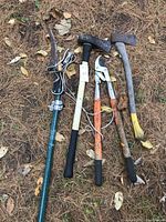 Wide shot of all garden cutting tools laid on pine needle ground; visible are pruning saw, loppers, and axes.