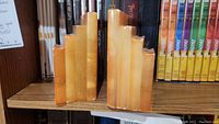 Close-up of the alabaster bookends showing color and stepped design
