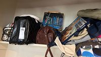 Overview of women's purses including black and white quilted purse, brown leather purse, city skyline box handbag, and football helmet.