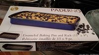 Boxed blue enameled Paderno baking pan and rack 15x9 inches