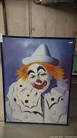Original acrylic painting of a clown with a white hat, orange hair, and colorful facial features including red nose and lips, signed Richard Espinoza in bottom right corner.