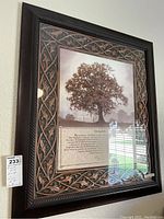 Framed "Living Life" inspirational print with decorative frame and poem beneath a tree illustration.