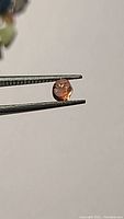 Close-up photo of an oval polished natural tourmaline crystal held by tweezers, showing brown-pink coloration.