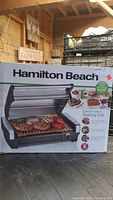 Box front showing Hamilton Beach electric indoor searing grill image and branding