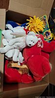 Box filled with multiple Ty Beanie Babies plush toys including a white angel bear and red plush animal, some with tags visible