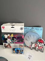 Full lot showing embroidery floss, handprint kit, disposable camera, and dog luggage tag