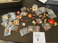 Overview of all pins scattered on a table with some in plastic bags including country and sport-themed pins