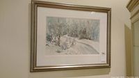 Framed watercolour painting showing snow-covered trees and pathway in a winter scene. Signed Rene O'Connor.