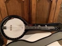 Full view of Hondo banjo inside open hard shell case