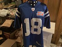 Front view of blue football jersey with number 18 and Super Bowl XLII patch.